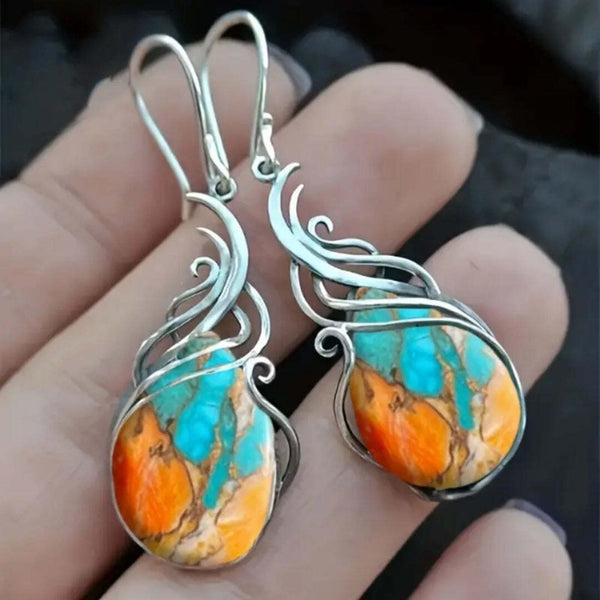 Boucles d'oreilles en forme de goutte de gemme bleue et orange