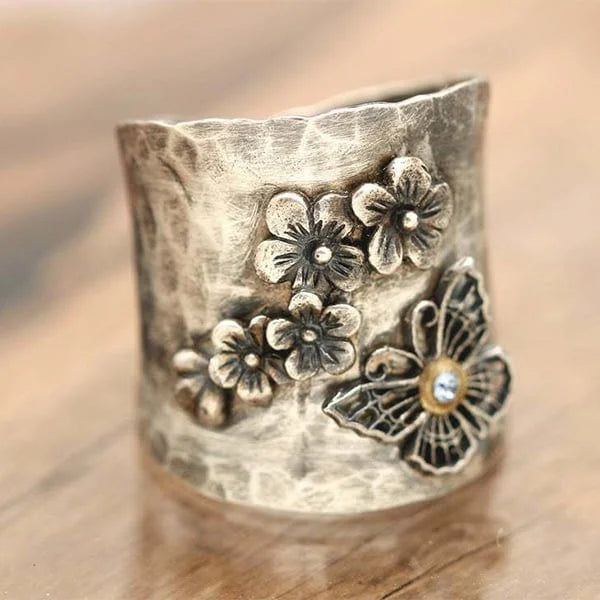 Bague large en ruban avec fleur de abeille et papillon