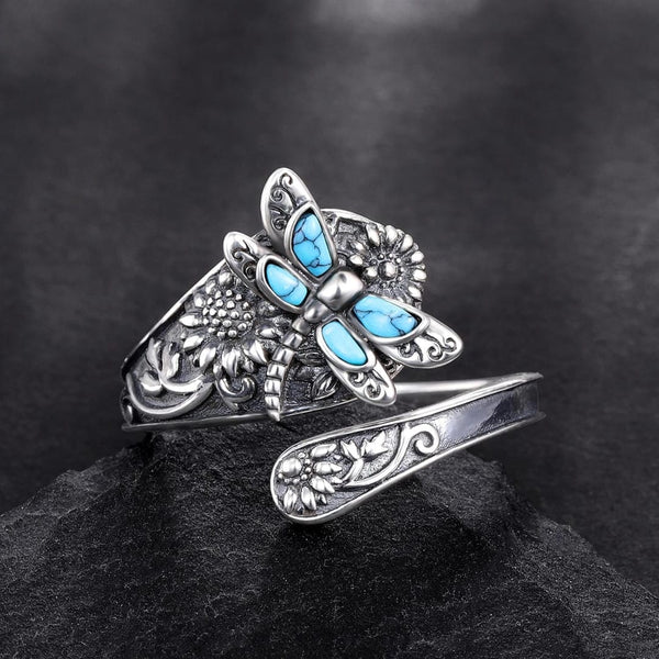 Bague Libellule Argentée Turquoise Réglable