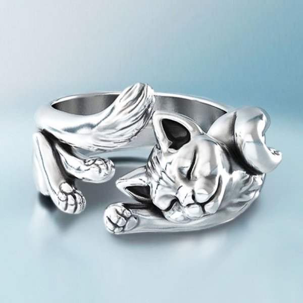 Bague vintage argentée en forme de chat