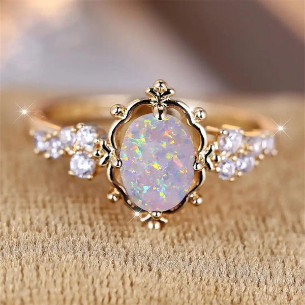 Bague Fleur en Pierre Ovale Opale de Feu Blanche
