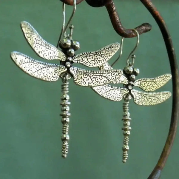 Boucles d'oreilles rétro en argent vintage avec motif de libellule sculpté