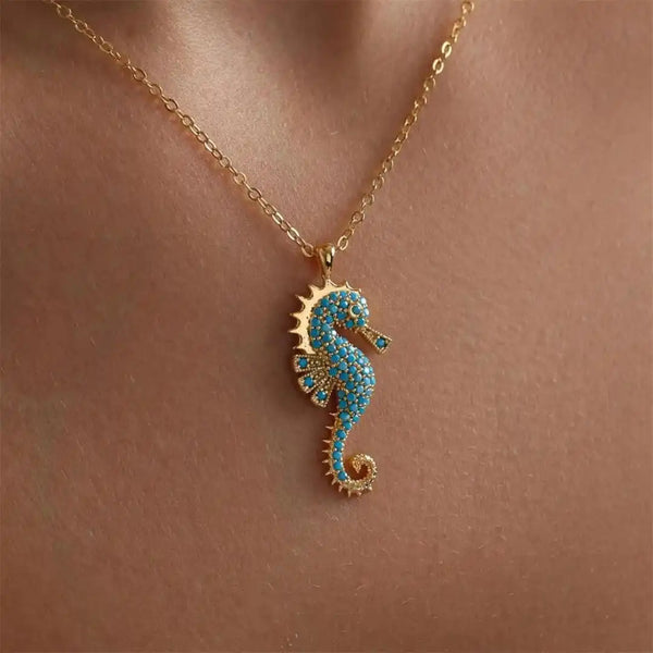 Collier pendentif Hippocampe doré turquoise