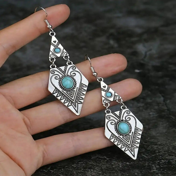 Boucles d'oreilles vintage bohème en losanges turquoise