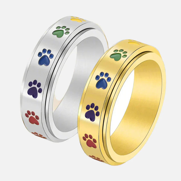 Bague en acier inoxydable en forme de patte anti-stress avec des pattes arc-en-ciel