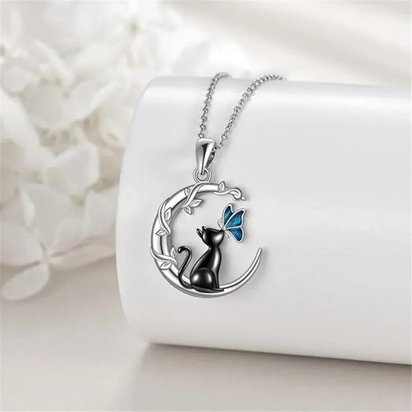 Collier pendentif cristal papillon chat lune