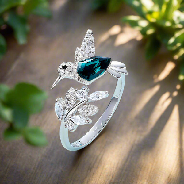 Bague ajustable en forme de colibri avec strass en diamant