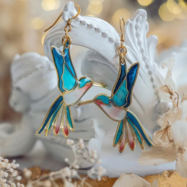 Boucles d'oreilles en émail bleu colibri mignon