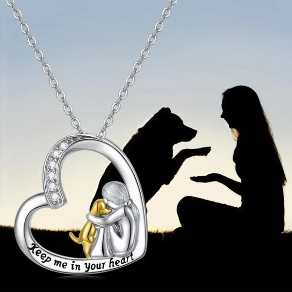 Collier en argent sterling 925 avec design en forme de cœur et de chien, orné de zirconium
