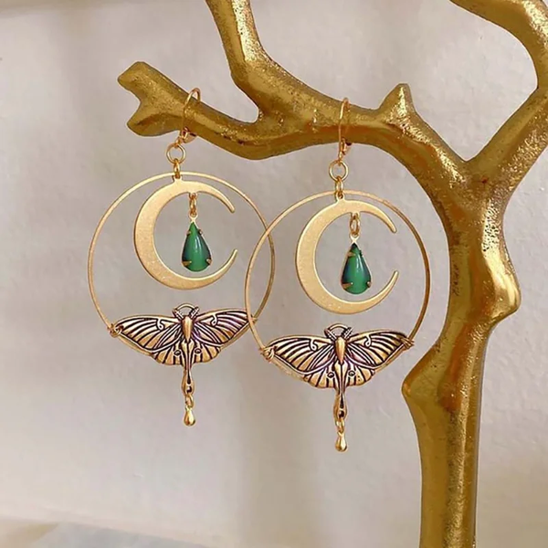 Boucles d'oreilles vintage en forme de lune dorée avec libellule