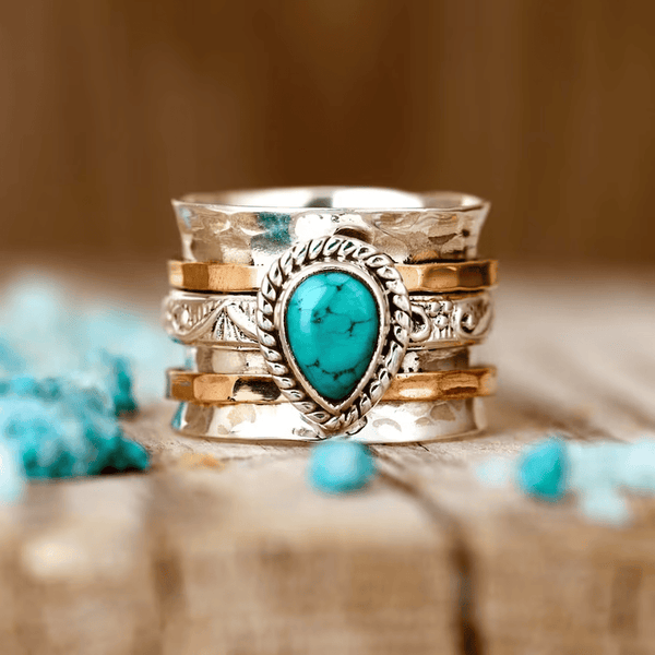 Bague en Argent Doré Encastrée Turquoise Antique