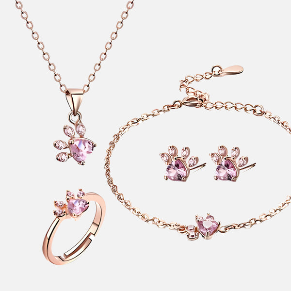 Ensemble de bijoux en or rose – 4 pièces bague en zircon, collier, boucles d'oreilles, bracelet