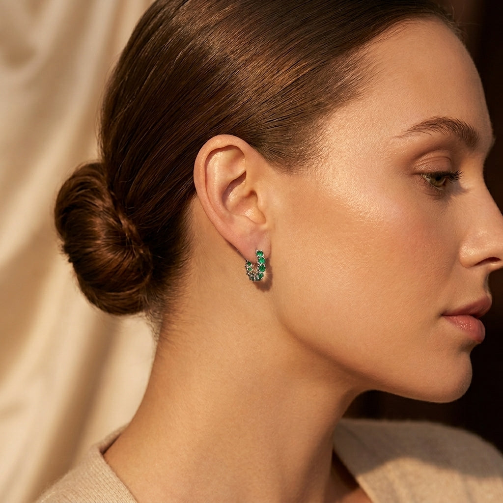 Boucles d'Oreilles Créoles Émeraude Treillis en Or