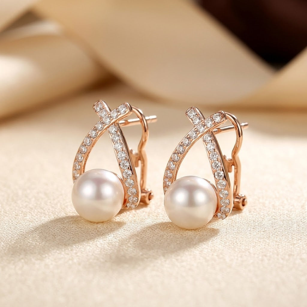 Boucles d'Oreilles Puces Croisées Perle en Or