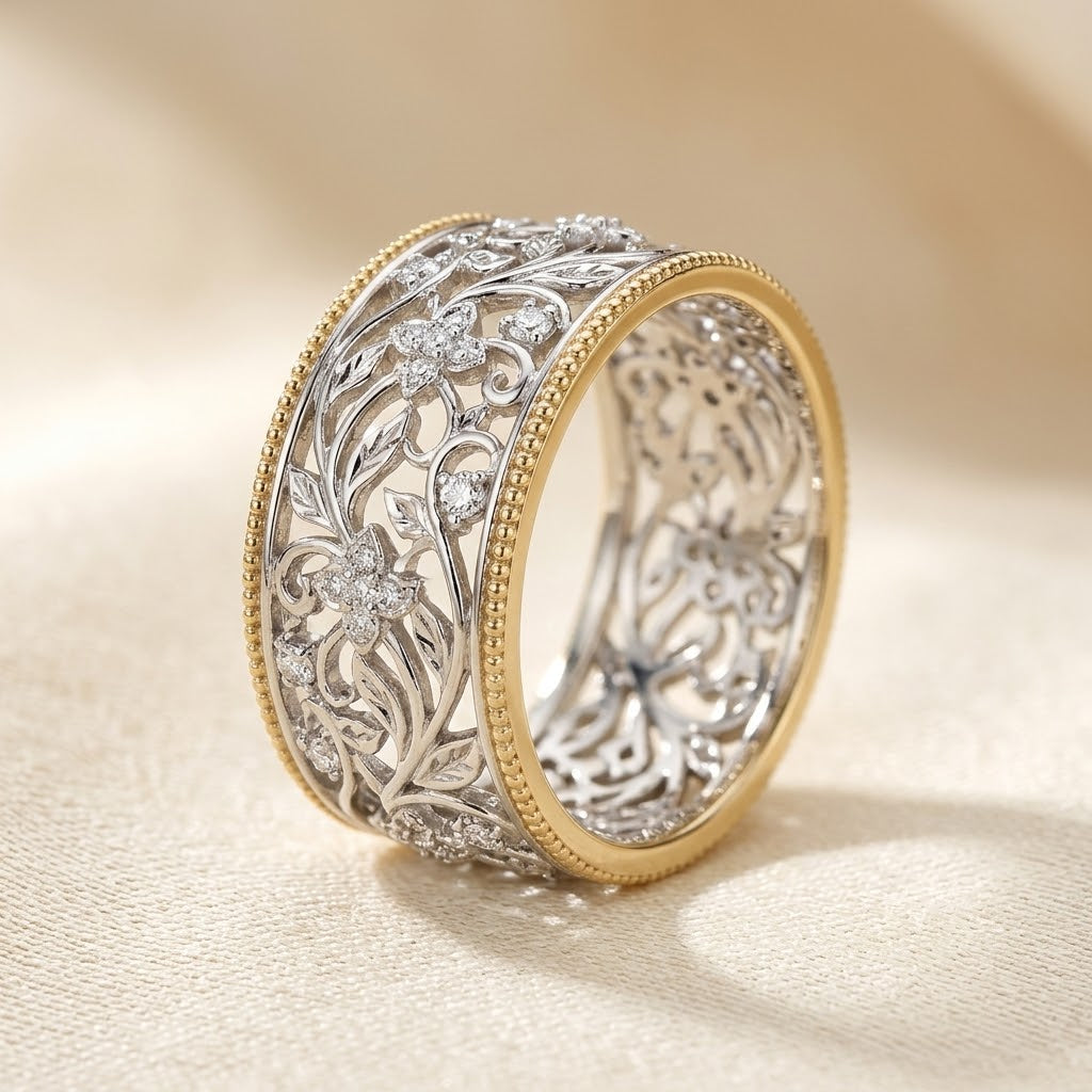 Bague Anneau Ornée en Argent et Or