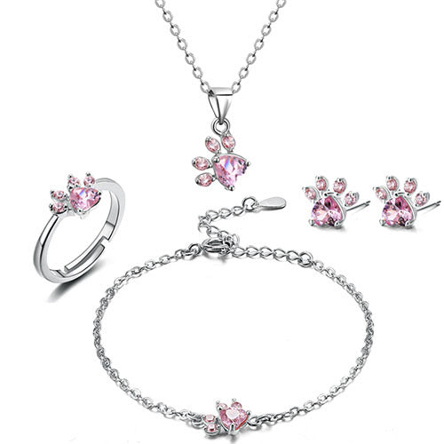 Ensemble de bijoux en or rose – 4 pièces bague en zircon, collier, boucles d'oreilles, bracelet