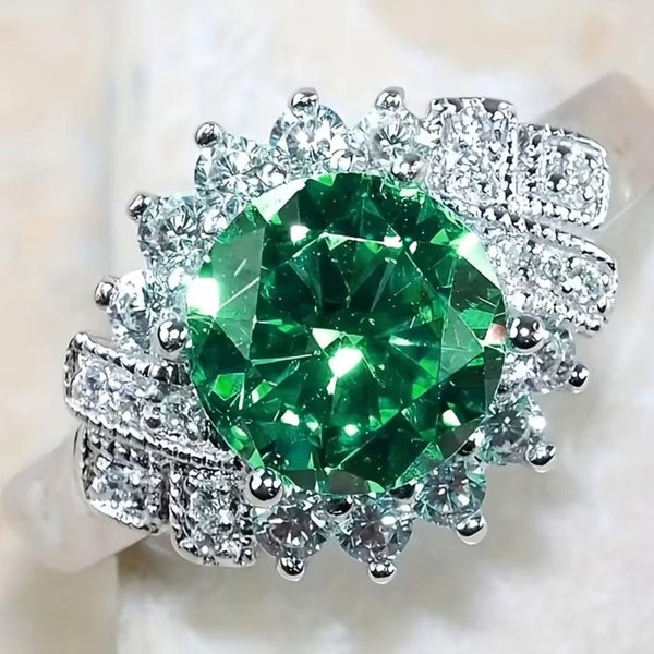 Bague Grand Halo Émeraude Imposante