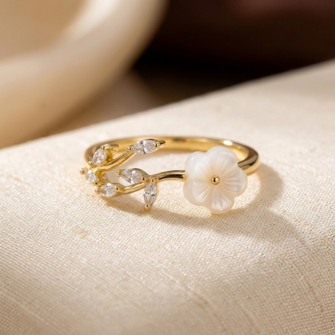 Bague Ouverte Florale et Feuille en Or