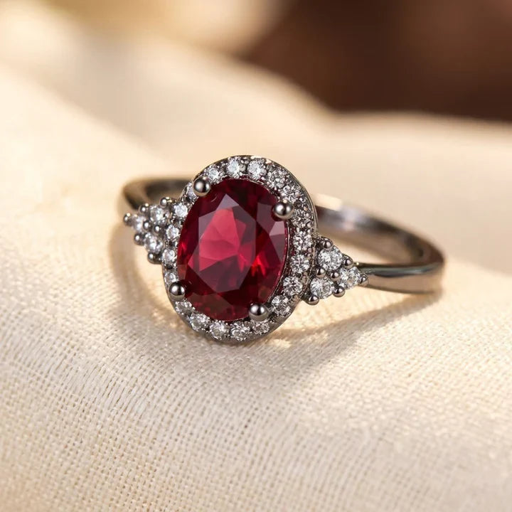 Bague halo rubis argentée