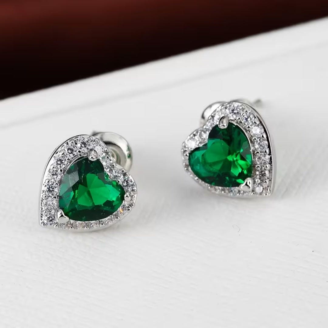 Boucles d'oreilles en argent Halo Cœur Émeraude