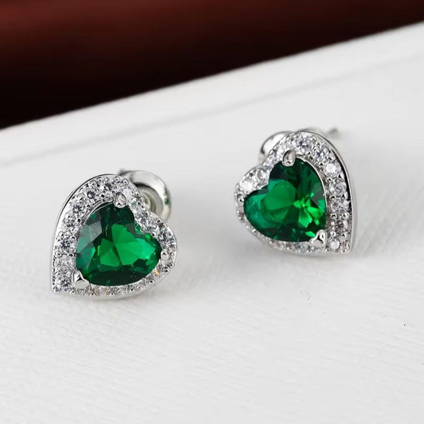 Boucles d'oreilles en argent Halo Cœur Émeraude