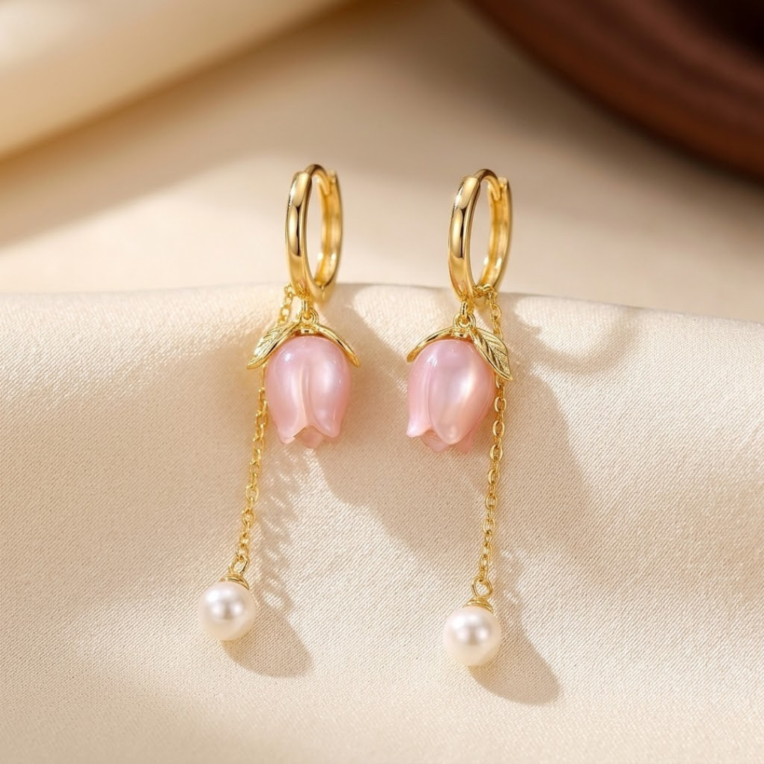 Boucles d'Oreilles Pendantes Florales Perle en Or
