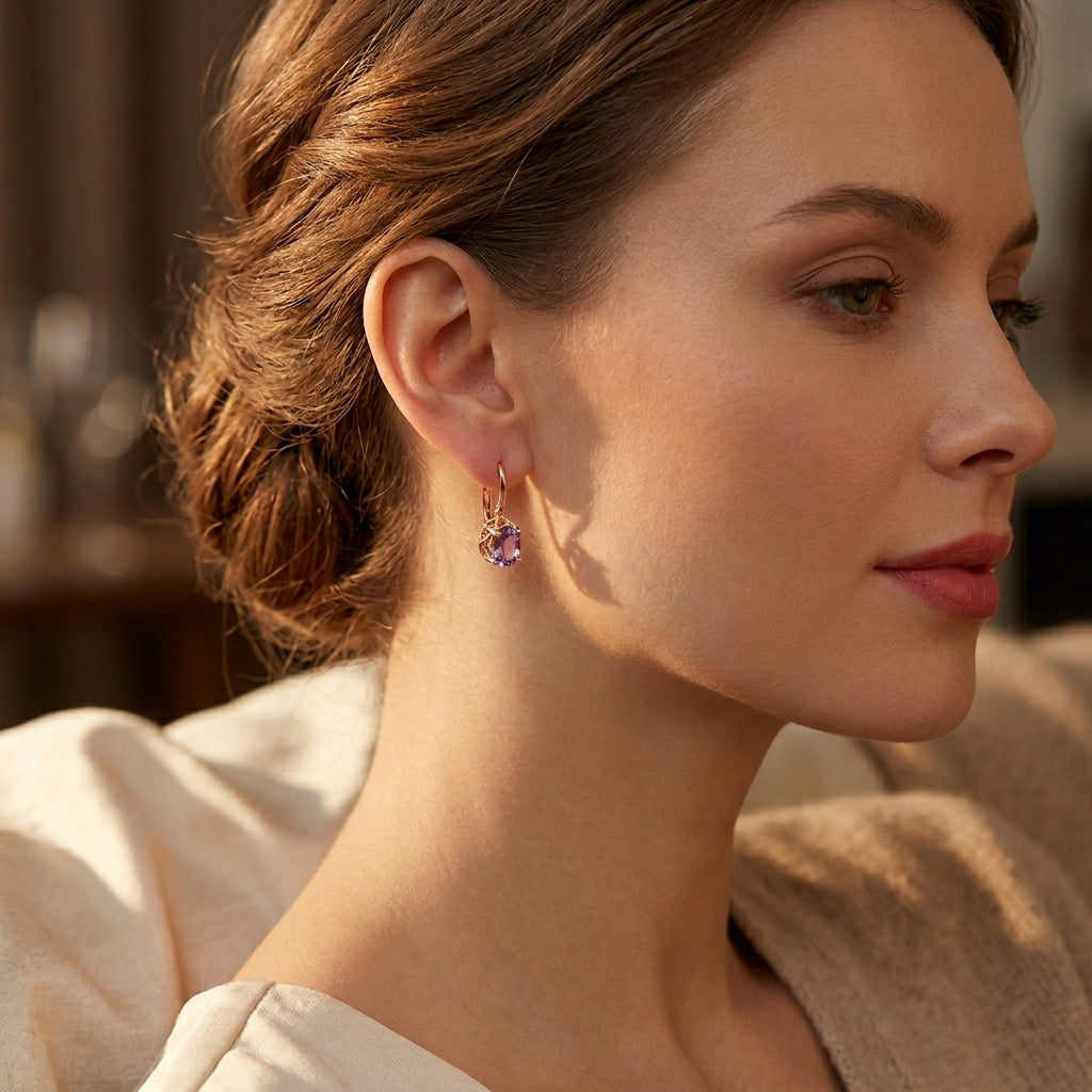 Boucles d'Oreilles Puces Améthyste en Or Rose