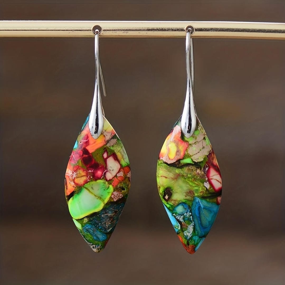 Boucles d'oreilles en pierre naturelle bohème en forme de feuille