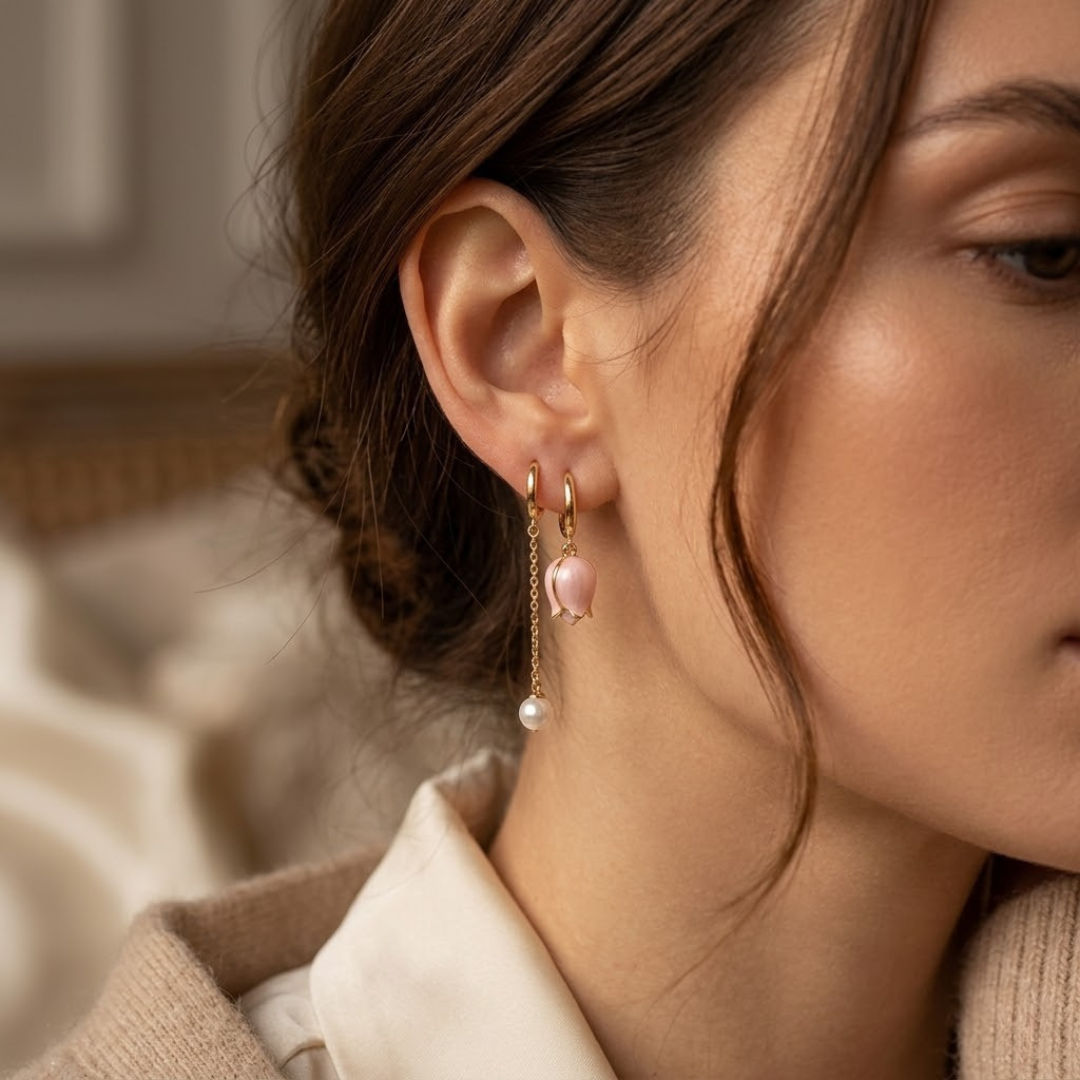 Boucles d'Oreilles Pendantes Florales Perle en Or