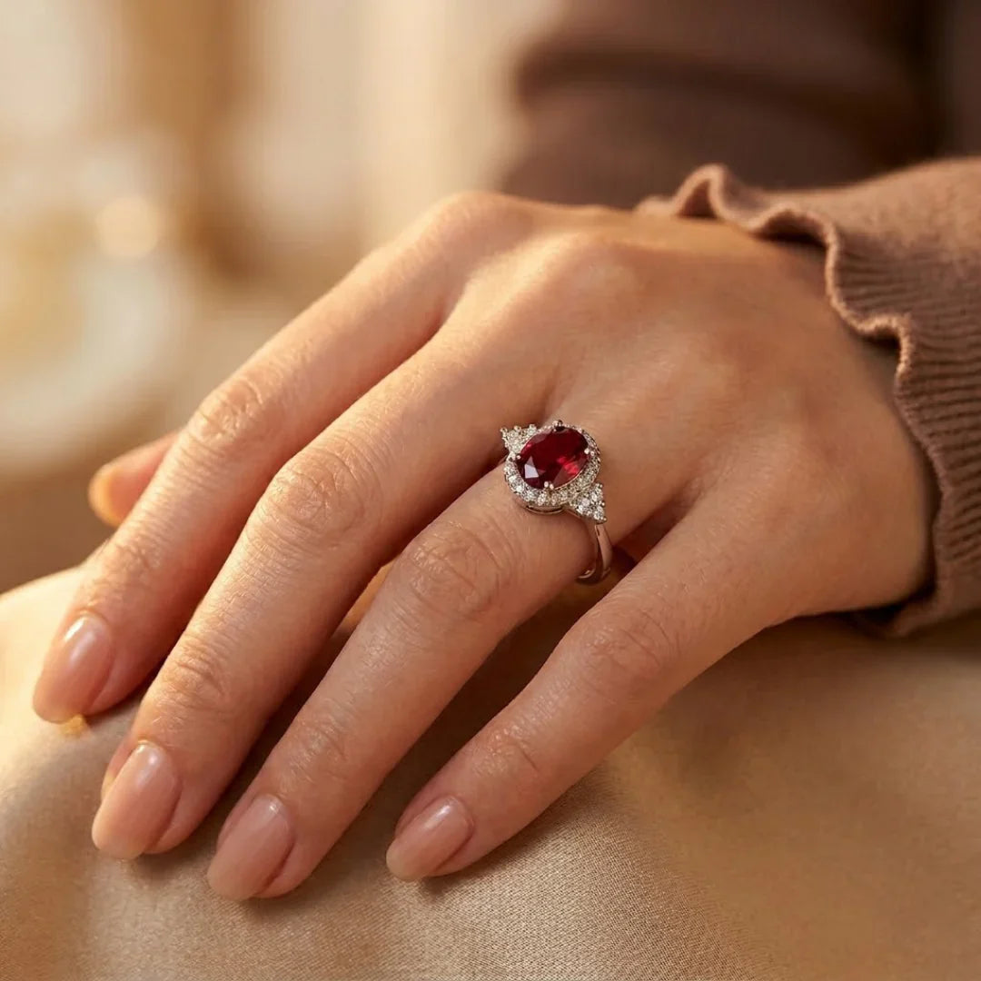 Bague halo rubis argentée