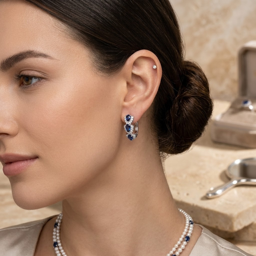Boucles d'Oreilles Créoles Saphir Halo en Argent