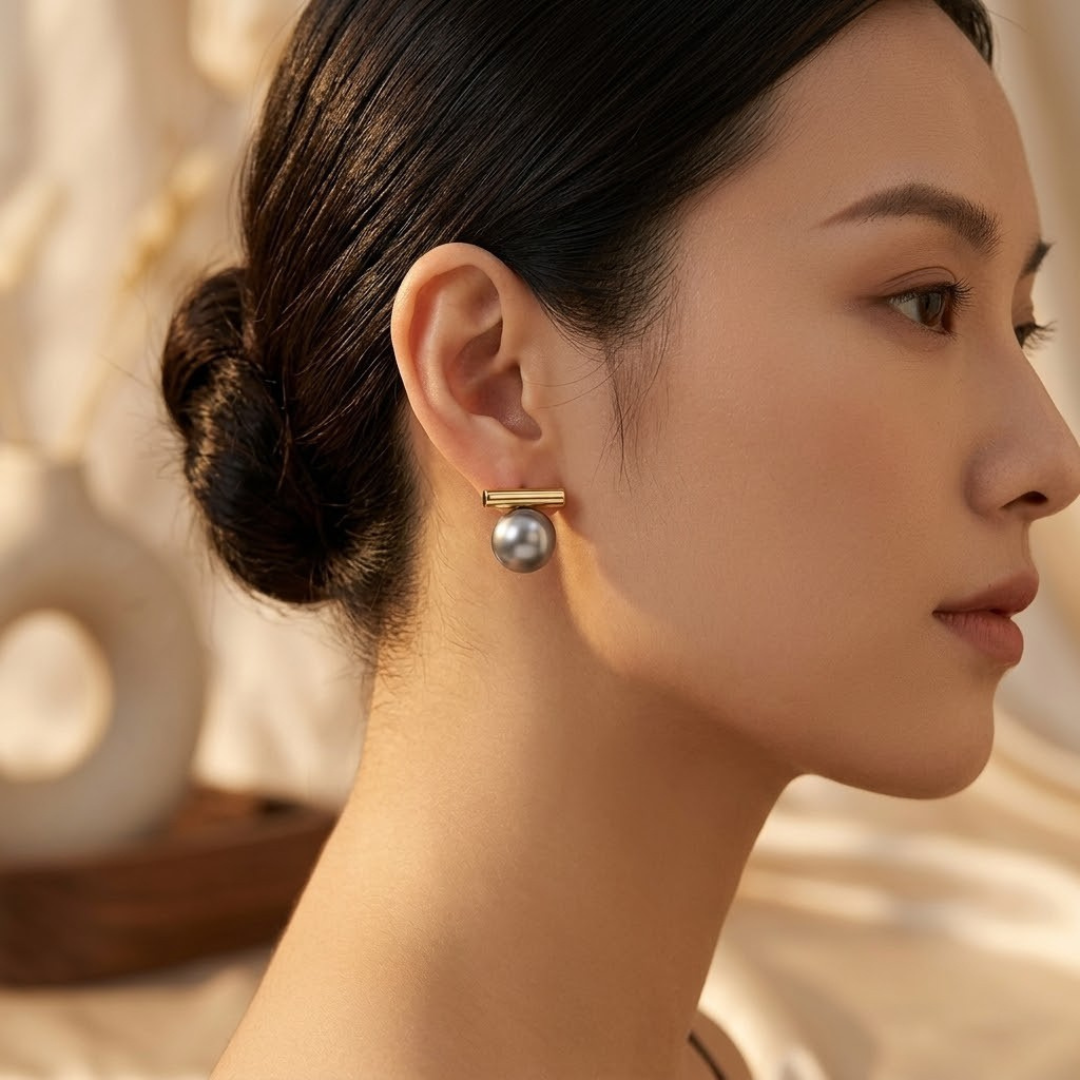 Boucles d'Oreilles Puces Barre Perle en Or