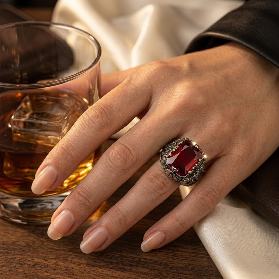 Chevalière Rubis Ornée en Argent
