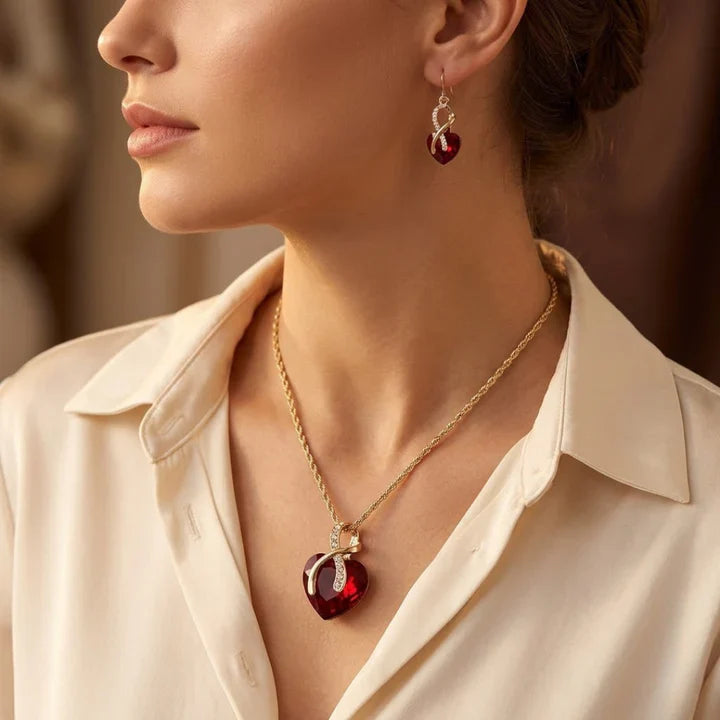 Parure cœur torsadé rubis dorée