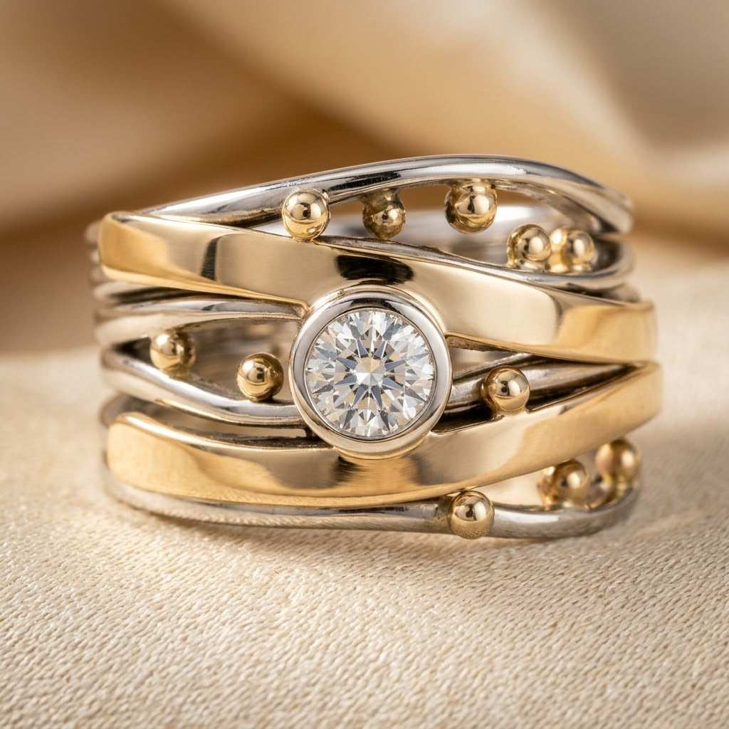 Bague Enveloppante Serti Clos en Argent et Or