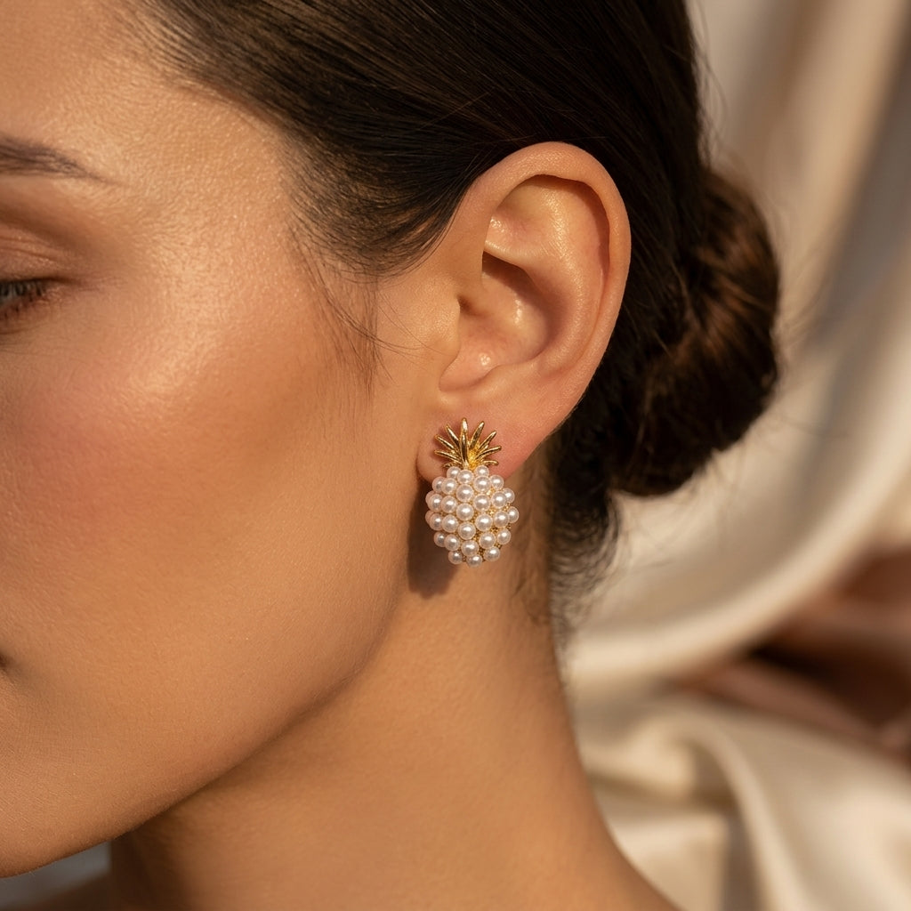 Boucles d'Oreilles Puces Grappe Perle en Or