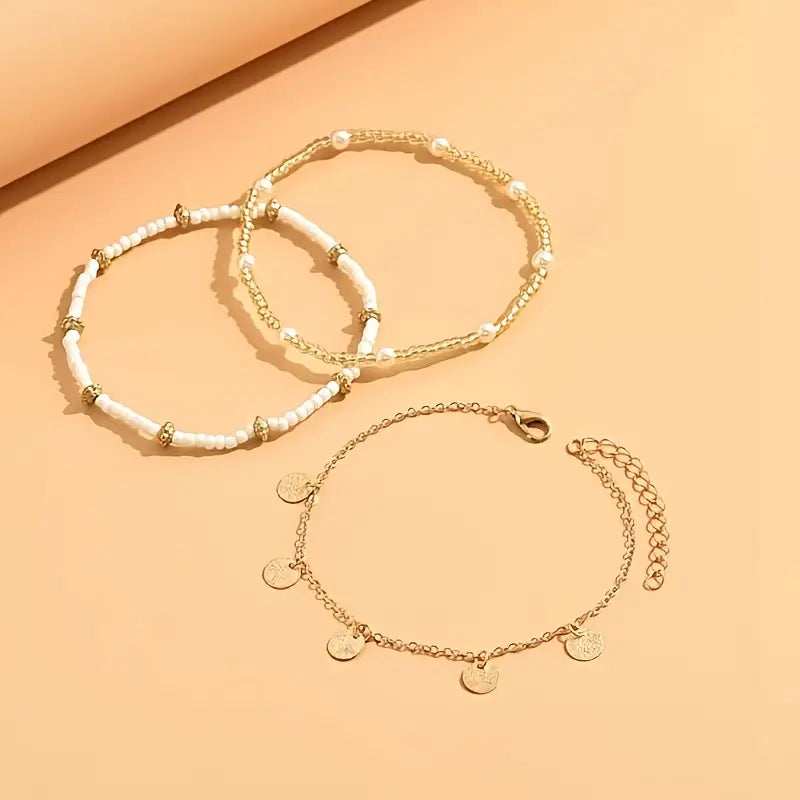 Ensemble de 3 bracelets de cheville charme côtier | Or