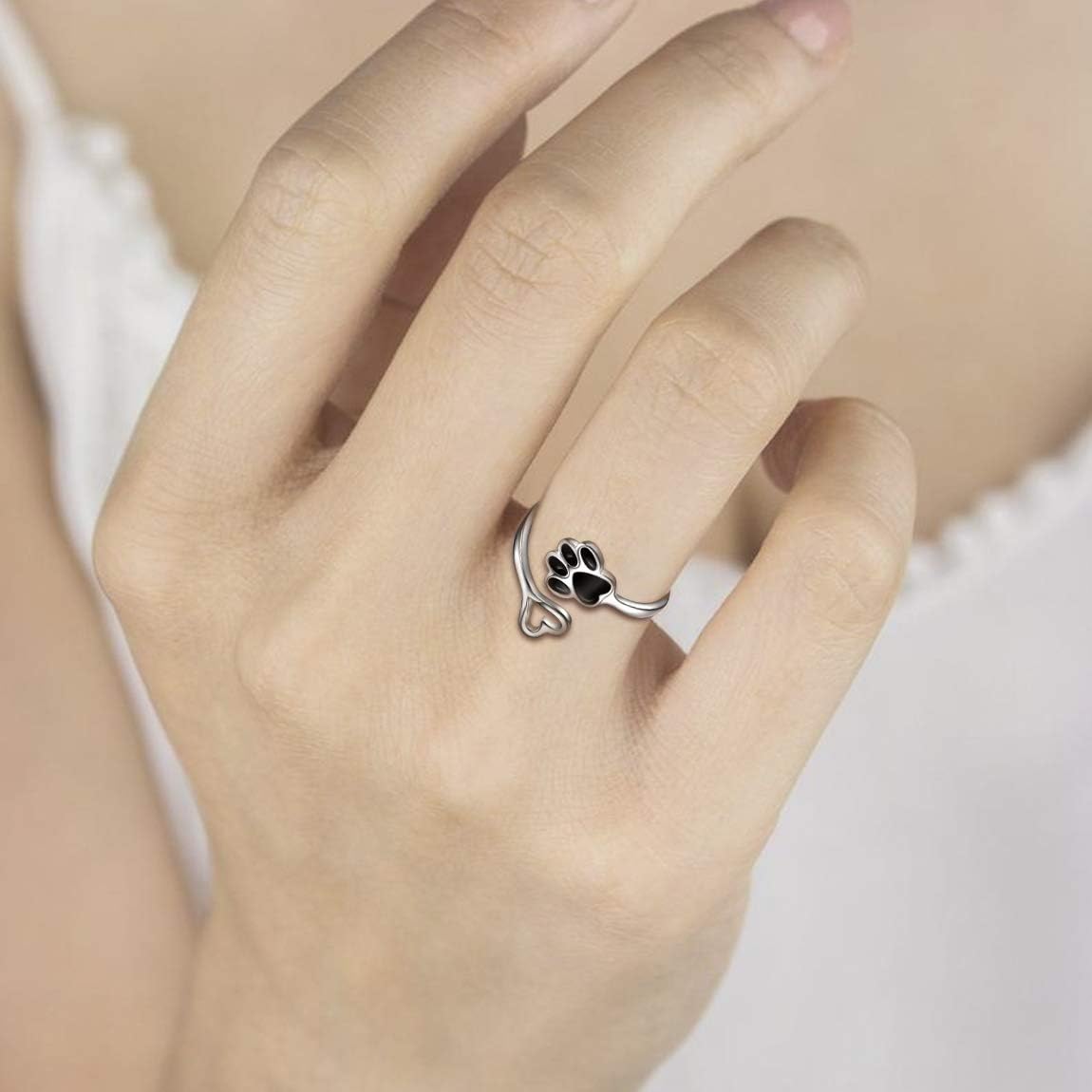 Bague en forme de patte et de cœur faite à la main – ajustable en argent sterling 925