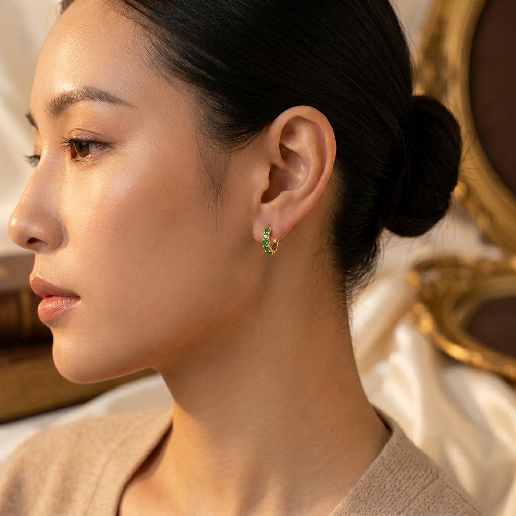 Boucles d'Oreilles Créoles Émeraude Treillis en Or