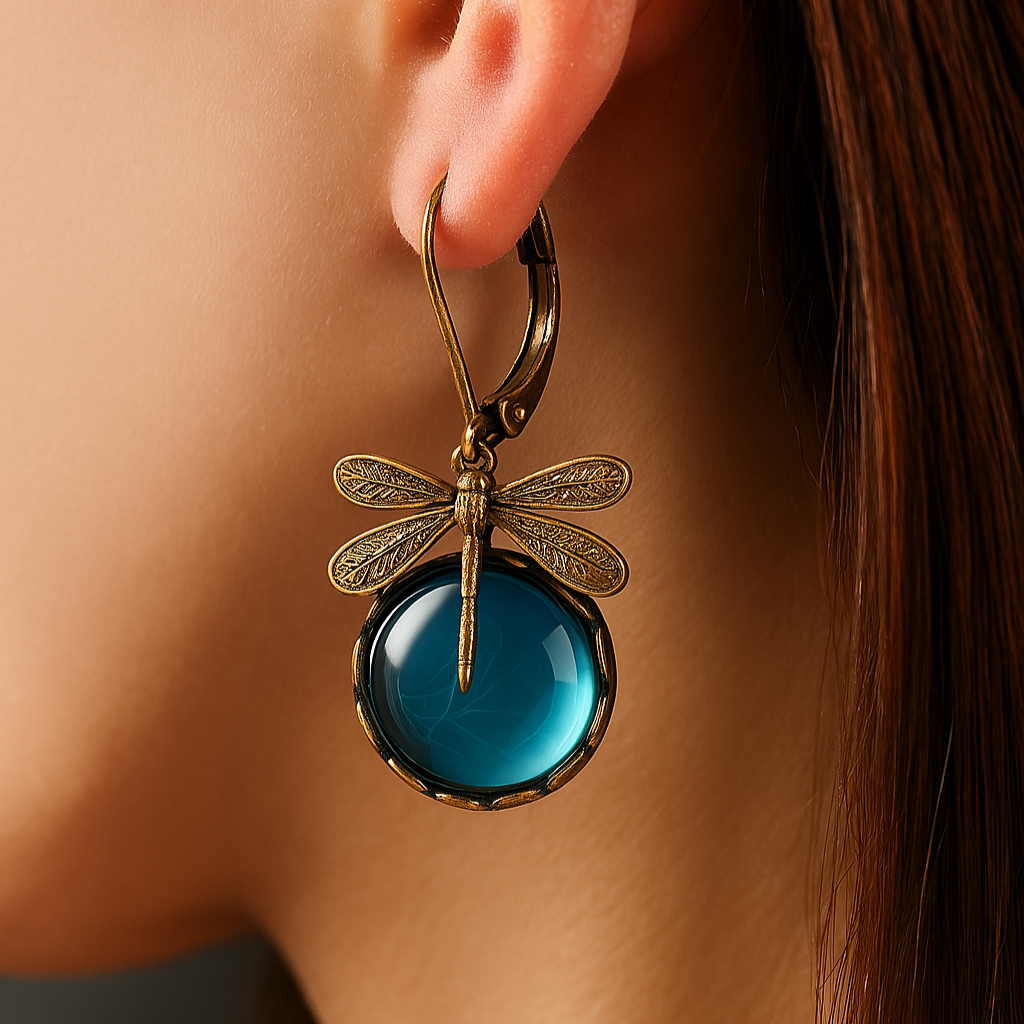 Boucles d'oreilles en forme de libellule en or antique