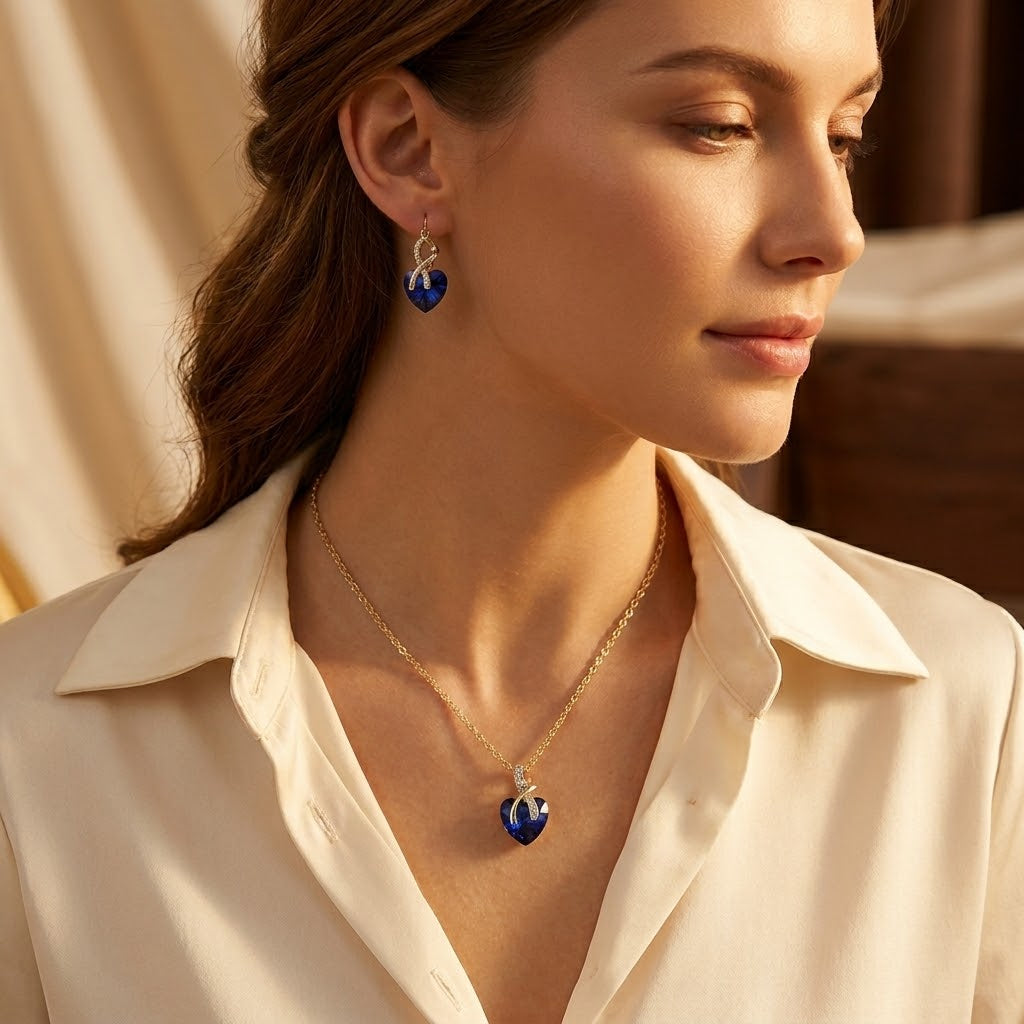 Parure Collier et Boucles d'Oreilles Saphir Cœur en Or