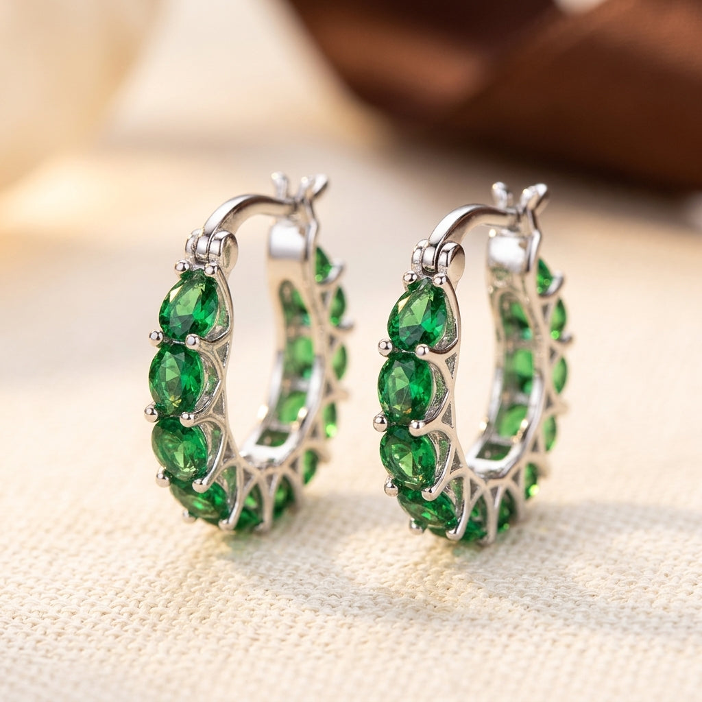 Boucles d'Oreilles Créoles Émeraude Treillis en Or