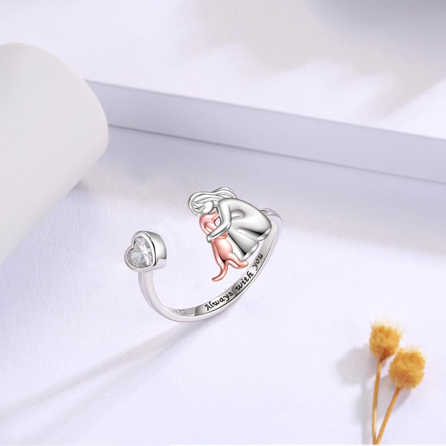 Bague ajustable pour chien en argent sterling 925 toujours dans mon cœur avec zirconia