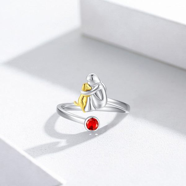 Bague en argent sterling chien et fille – ajustable et symbolique