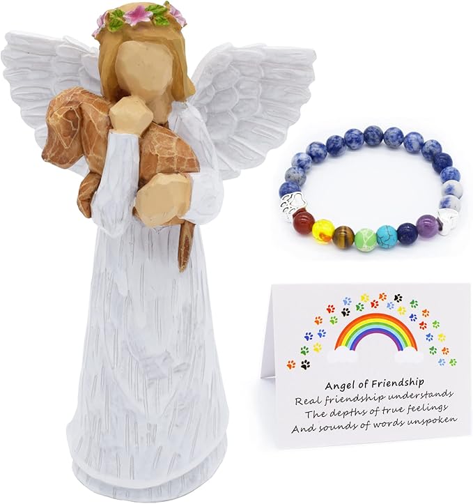 Coffret cadeau souvenir de chien avec figurine d'ange de l'amitié et bracelet chakra avec pont arc-en-ciel