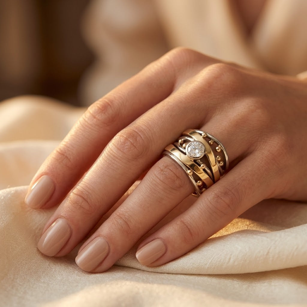 Bague Enveloppante Serti Clos en Argent et Or