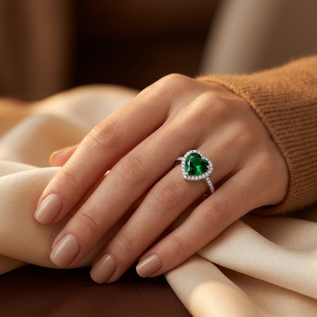 Bague Émeraude Cœur Halo en Argent