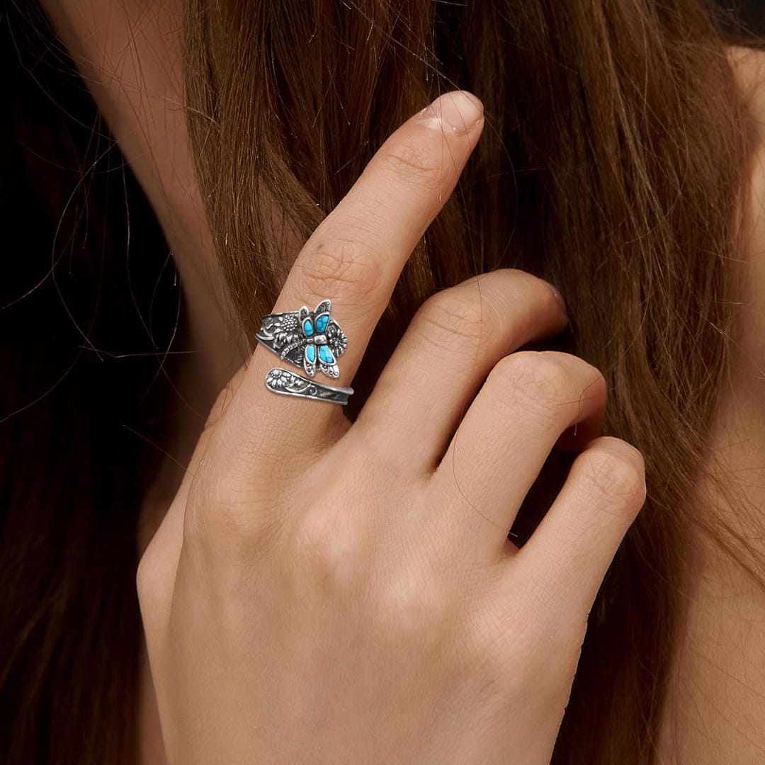 Bague Libellule Argentée Turquoise Réglable