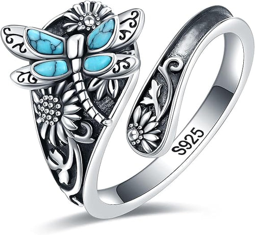 Bague en argent sterling turquoise – bague vintage boho enroulée avec libellule