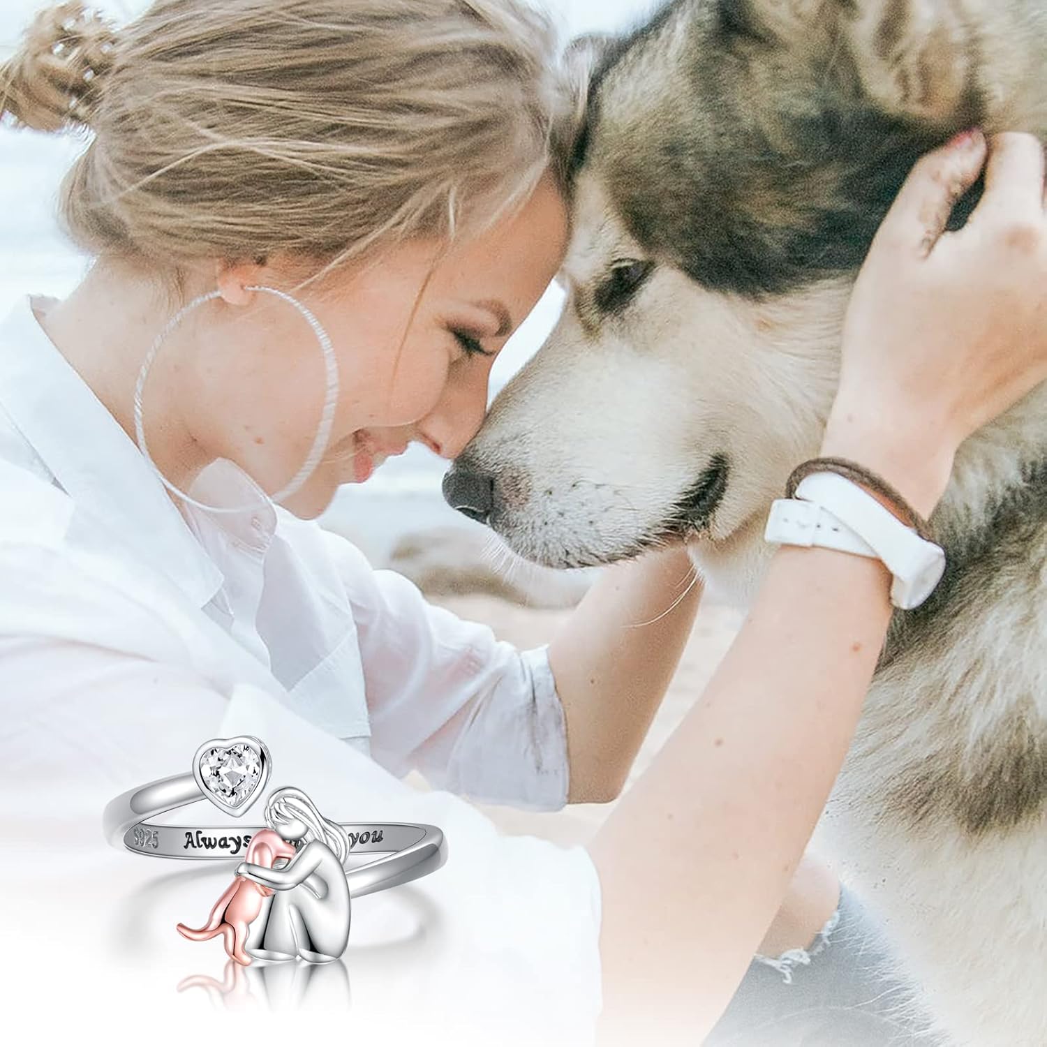 Bague ajustable pour chien en argent sterling 925 toujours dans mon cœur avec zirconia